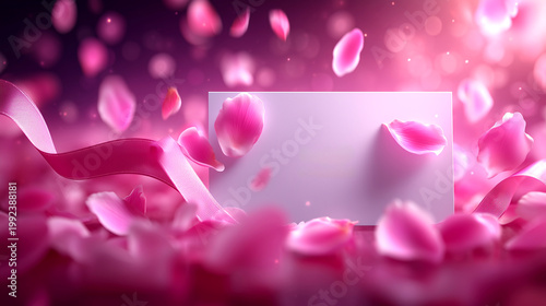 Romantic pink rose petals frame with elegant ribbon and blank card for heartfelt greetings, wedding invitations, or Valentine's Day wishes