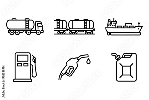 Collection of fuel transport and storage icons including tanker truck train ship and gas can
