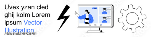 Remote work, teamwork, virtual meetings, tech tools, digital interaction, system settings. Screen with people in a video call, gear and lightning bolt icon. Remote work and teamwork concept
