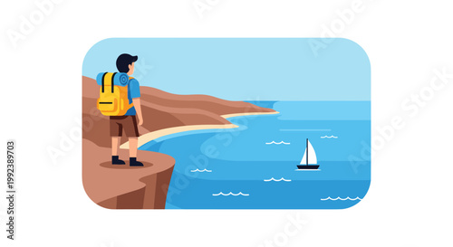 A young male traveler carrying a vibrant yellow backpack stands on a rocky brown cliff overlooking a calm blue sea with a solitary white sailboat.