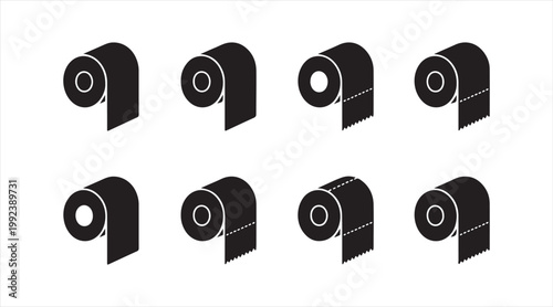 Black toilet paper roll icon collection with tissue symbols in minimal flat style