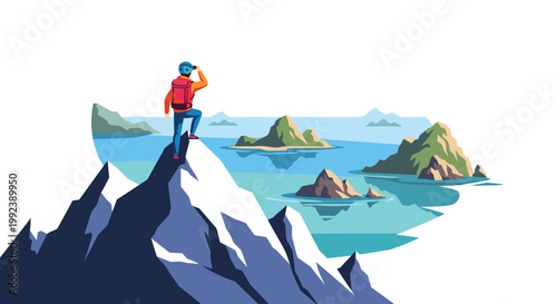 A determined male adventurer wearing an orange jacket and blue safety helmet stands on a snowy mountain peak overlooking a serene turquoise ocean bay.