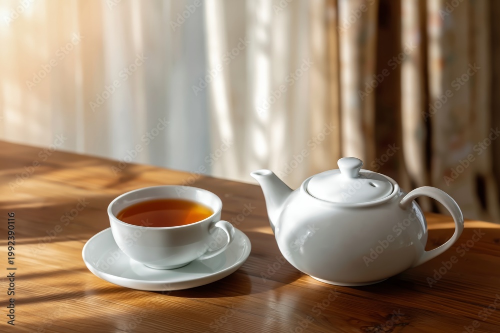 Fototapeta premium Tea Served in a White Cup Beside a Teapot on a Wooden Table in a Sunlit Room