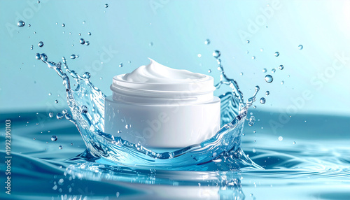 Dynamic 3D render of a blank white cosmetic cream jar surrounded by a fresh, energetic water splash against a clear blue background.