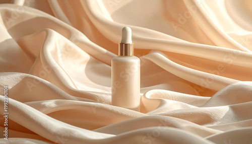 Elegant blank white cosmetic pump bottle with gold accents resting on softly draped champagne-colored silk fabric illuminated by warm natural sunlight.