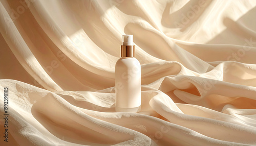 Elegant blank white cosmetic pump bottle with gold accents resting on softly draped champagne-colored silk fabric illuminated by warm natural sunlight.