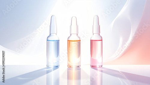 three transparent bottles with multi-colored liquid on a bright background.