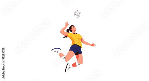 A skilled female athlete dressed in a bright yellow jersey and dark blue shorts performs a powerful airborne spike against a pristine white background.