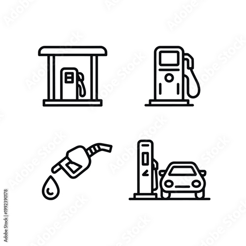 Gas station icons with fuel pumps and car