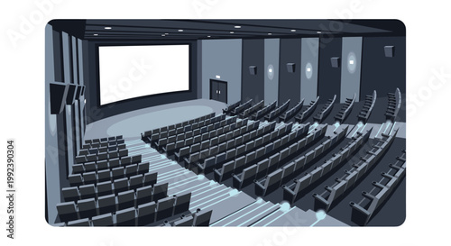 A spacious and modern cinema auditorium features rows of dark gray upholstered seats facing a large blank white movie screen in a dim indoor setting.