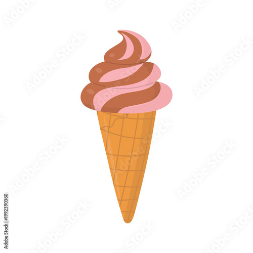 Swirled chocolate and strawberry soft serve ice cream in waffle cone, pastel style.