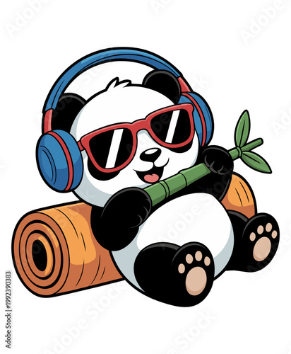 A cartoon illustration of a cute panda bear wearing blue headphones and red sunglasses, relaxing on a rolled-up exercise mat