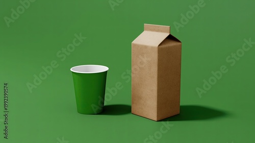 Green Packaging Concept Featuring a Cup and Carton on a Green Background