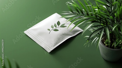 Green Packaging Concept With Leaf Design on White Pouch Near Green Plants