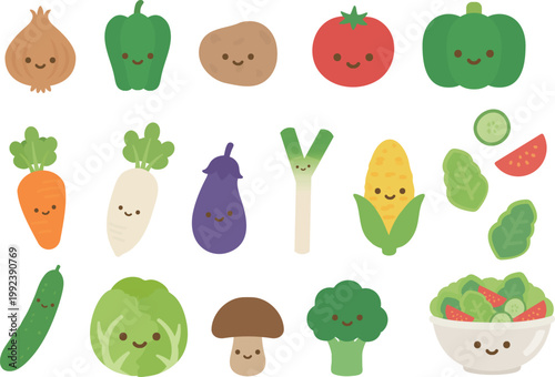 Cute Vegetable Character Set (Flat Kawaii Icons)
