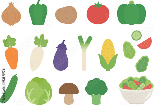 Vegetable Icon Set (Flat Simple Cut Illustration)