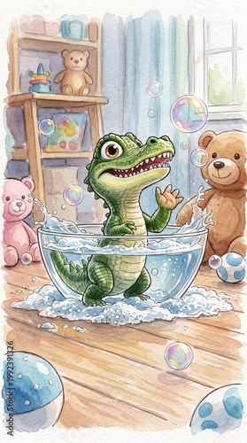 Cute Watercolor Crocodile Playing in Bubble Bath with Toys in Kids Room