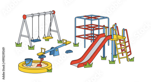A collection of colorful playground equipment including a metal swing set, a red slide, a blue seesaw, and a yellow sandbox is neatly arranged on white.