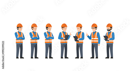 A row of seven professional construction workers wearing orange hard hats and safety vests are depicted in various standing poses on a white background.