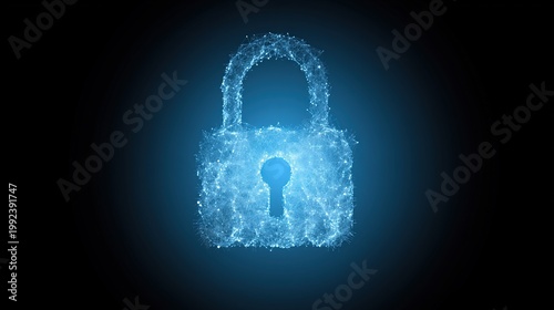Digital Padlock Icon Appears From Particles in Dark Space