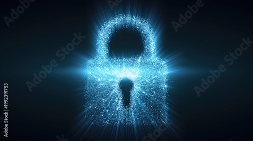 Digital Padlock Icon Forming From Particles in Dark Space With Bright Light Effects