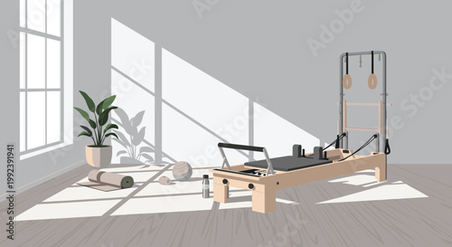 A high-quality wooden pilates reformer machine is positioned in a spacious sunlit studio featuring large windows and long dramatic shadows across the floor.