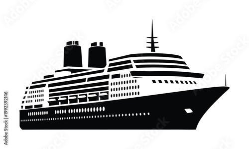 Large silhouette of a modern cruise ship vector in with deck structures visible