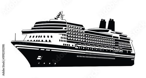 Large vector silhouette of a modern cruise ship with multiple decks and towering funnels