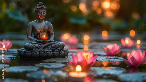 Buddha statue, pink lotus flowers and burning candles in the pond at night. Buddha Purnima. Vesak day. Buddhist Holiday background