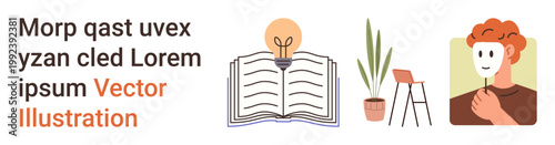 Education, creativity, identity, innovation, self-expression, interior decoration. Lightbulb over an open book, plant with furniture person holding a mask. Education and creativity