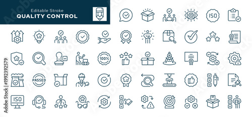 Quality control. Set of outline icons. Quality check, production, evaluation, checked, testing, assurance, inspection and more.Line icon in linear style. Vector collection	
