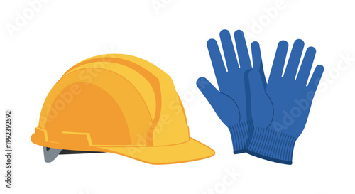 Essential industrial safety equipment including a bright yellow hard hat and a pair of blue protective work gloves are displayed on a white background.