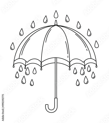 Vector of a stylish umbrella with raindrops falling around it in a simple line art design
