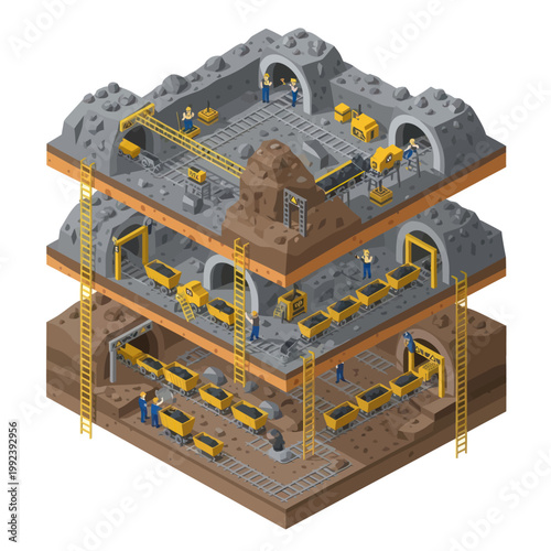 Isometric Cross-Section of a Multi-Level Underground Mine with Workers and Equipment.