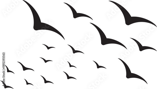 Soaring Silhouette: A flock of sleek, black birds take flight, their silhouettes elegantly etched against the expanse, symbolizing freedom, movement, and the beauty of nature.png