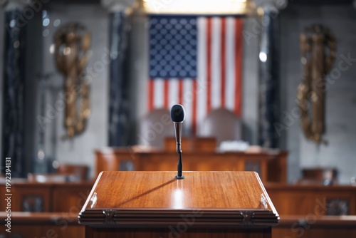 Speakers Podium in Front of American Flag in a Congressional Chamber During a Session