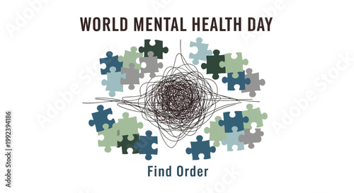World Mental Health Day awareness puzzle pieces, Find Order concept, mental wellness vector illustration, brain health symbols