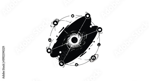 Black and white illustration of futuristic robotic eye with connecting lines and nodes