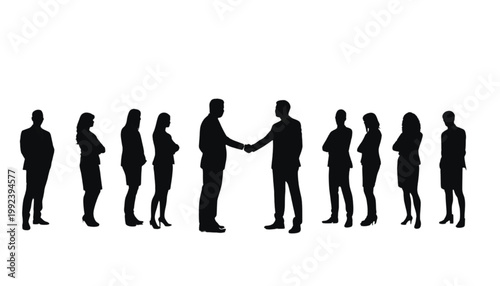 Businesspeople stand in a line while two colleagues shake hands in a corporate meeting setting.