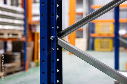 Tableau sur toile tall metal warehouse racks with blue vertical beams