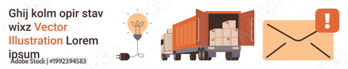 Logistics, delivery services, communication, innovation, e-commerce, parcel safety. Freight truck with cargo, envelope with exclamation mark and light bulb with plug. Logistics and delivery services