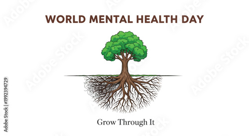 World Mental Health Day awareness icon, tree with roots, Grow Through It slogan, mental wellness symbol