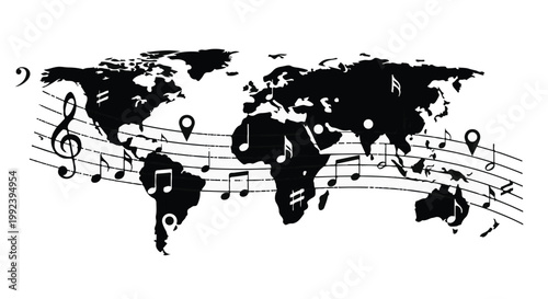 Music festival world tour map with musical notes