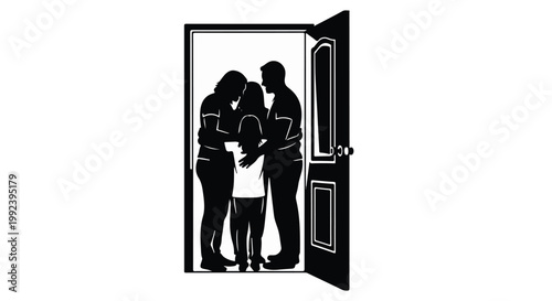 family standing in doorway, people entering home, happy family