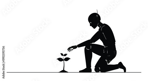 Artificial intelligence robot caring for a green plant seedling in silhouette