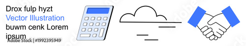 Business collaboration, technology solutions, cloud computing, teamwork, financial management, professional services. Features a calculator, cloud and handshake. Business collaboration