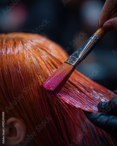 Hair being dyed with brush applying pink color in closeup
