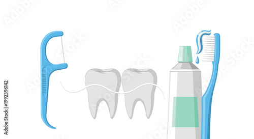 A set of essential dental care tools including a blue floss pick and toothpaste are arranged around two white teeth on a white background under bright studio light.