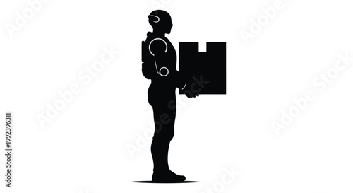 Humanoid robot silhouette carrying a delivery box or package