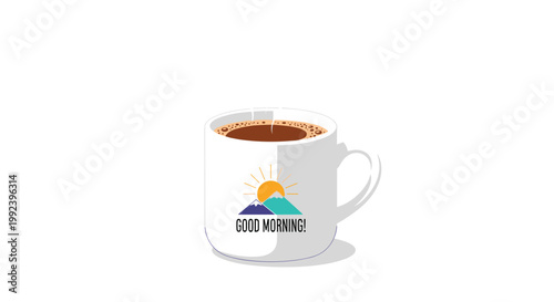 A steaming white ceramic mug filled with dark coffee and a cheerful morning logo sits on a clean and bright white background under soft and warm studio lighting.